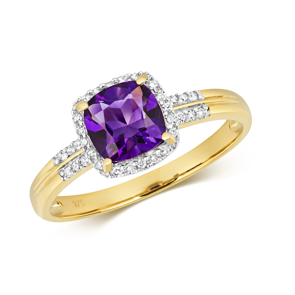 Bague Solitaire Pavage Or Jaune 9 k/carat et Diamant 0.10 Carat avec Améthyste - Photo 1/1