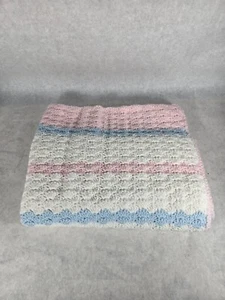 Coperta bambino all'uncinetto fatta a mano bianco blu e rosa H 46 x L 33" asilo nido - Foto 1 di 4