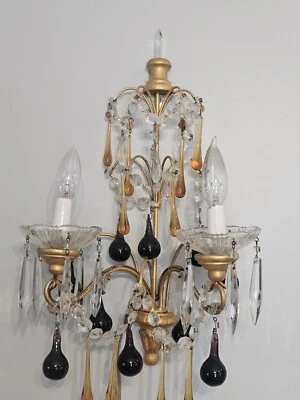 ANTIQUE FRENCH CRYSTAL BEADED PRISMS SCONCE/lamp AMBER &RARE Amethyst RAINDROPS - Image 1 of 4