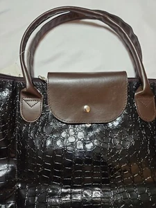 Borsa Kirkland's nera finta croc tote bag con 2 manici marroni nuova con etichetta - Foto 1 di 6