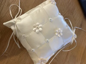 Handmade Wedding Ring Cushion, Ivory Satin, Two Ties 8” /21cm - Picture 1 of 5
