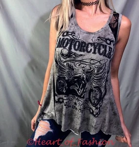 Vocal Stone VERZIERT Spitze Kontrast GRAFIK ärmellos Relaxed Biker Tank Top - Bild 1 von 7