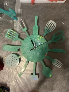 Green White Utensils Acrylic Clock - Picture 1 of 6