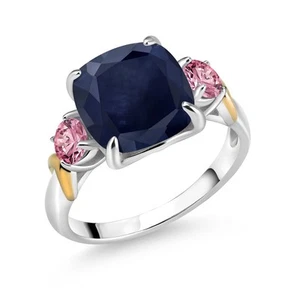 925 Silver and 10K Yellow Gold Sapphire and Pink Lab Grown Diamond 3 Stone Ring - Picture 1 of 3