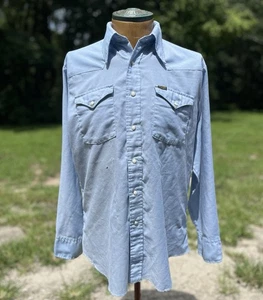 Vintage 1970s Wrangler Chambray Pearl Snap Shirt Made In USA Size Large Workwear - Picture 1 of 9