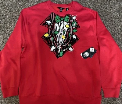 Volcom Men’s XXL Red Christmas Themed Crew Neck Sweater NOS 2019 Glows In Dark - Image 1 of 4