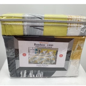 American Bamboo 1800 Queen Sheet Set 6 Piece Bedding Yellow Gray White - Picture 1 of 3