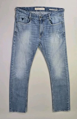 Guess Jeans Huntington Regular Straight Men Size 34x33 Blue Distressed Mexico  - Image 1 of 4