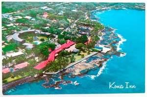 Postal Kona Inn Hawaii vintage cromada hotel vista aérea costa viaje palmera - Imagen 1 de 2