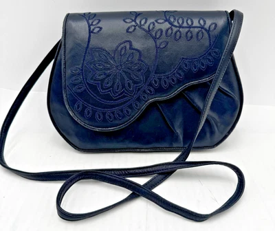 Sharif 女式手提包蓝色皮革花卉刺绣斜挎包邮差包 — 第 1/4 张图片
