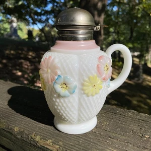 Antique 1890s EAPG Cosmos / Wild Rose Consolidated Milk Glass Syrup Pitcher - Picture 1 of 10