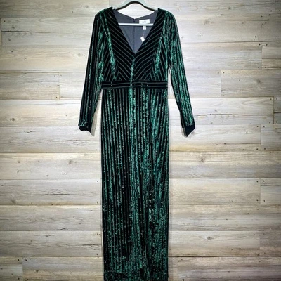 Belle Badgley Mischka Lara Stretch Velvet Maxi Gown Dress Size 10 Dark Green - Image 1 of 4
