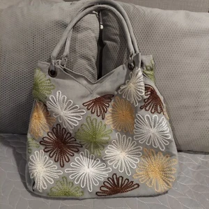 Embroidered Faux Suede Cotton Hobo Handbag Gray Floral - Picture 1 of 11