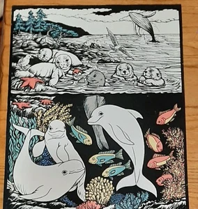 Vintage Starline Black Velvet Blacklight Poster Dolphins Whales Seals Ocean Sea - Picture 1 of 4