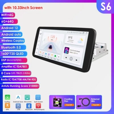 Single DIN Rotatable 10.3" Android 12 QLED Screen Car Stereo Radio 6+64GB GPS BT - Image 1 of 4