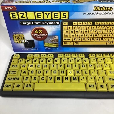Large Print Computer Keyboard EZ Eyes 4X Bigger Letters Yellow Wired Mac/PC Box - Image 1 of 4