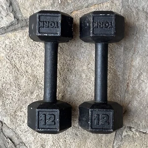 Hex VINTAGE YORK BARBELL DUMBBELLS Iron PAIR OF 12 LB - Picture 1 of 16