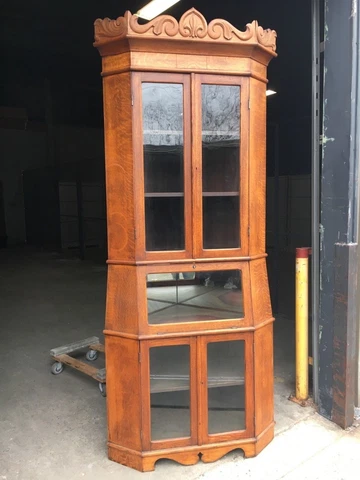 STUNNING antique Quartersawn oak corner cabinet glass doors mirrored shelf 99" h Cover