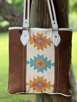 Myra Bag Leather Canvas Woven Aztec Design Perfect  Tote - Image 1 of 4