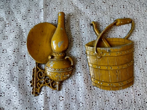 Two Vintage 1966 Sexton Cast Aluminum Metal Kitchen Wall Art USA Mustard Yellow Cover