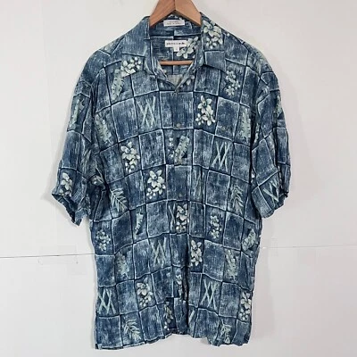 Pierre Cardin Mens Hawaiian Shirt Size L Blue Tribal Floral Rayon Button Up - Image 1 of 4