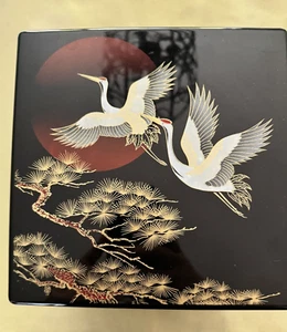 Japanese Stack Bento Box Food Container 3 Tiers Black Lacquered Cranes - Picture 1 of 5