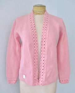 NOS w/tag vtg 60s Carol Brent pink open front cardigan sweater honeycomb trim 38 - Picture 1 of 7
