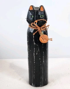 Vintage Holz große Volkskunst schwarze Katze grüne Augen Figur mit Kürbis HALLOWEEN - Bild 1 von 15