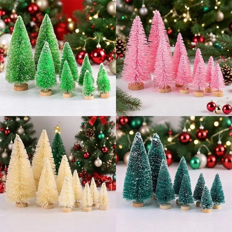12x MINIATURE CHRISTMAS TREE WITH WOODEN BASE GREEN BOTTLE BRUSH TREES UK        - Image 1 of 4