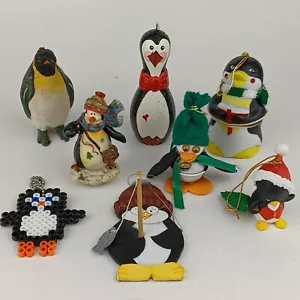 Mixed Lot 8 Penguin Christmas Ornaments VTG 80's Ceramic BOA Bell/Wood/PVC/etc. - Picture 1 of 17