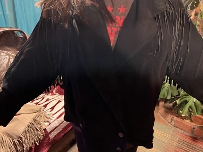Women’s xl black Fringed Leather Coat , Vintage Western Wear Foto 1 de 4