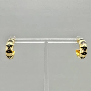 Joan Rivers Earrings Classy Preppy Black Cream Enamel Gold Tone Hoops 1 Inch - Picture 1 of 20