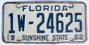 ORIGINAL VINTAGE 1962 FLORIDA SUNSHINE STATE WEISSMETALL NUMMERNSCHILD 1W-24625 - Bild 1 von 2