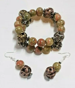 Handmade Beaded Bracelet and Earring Set Unakite Metal Wire Balls Hematite - Picture 1 of 4