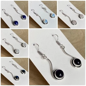 Gemstone Dangle Drop Earrings Sterling Silver 925 Plated Amethyst Lapis Lazuli - Picture 1 of 15