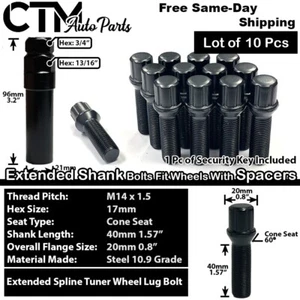 10x Black 14x1.5 Spline Lug Bolt 40mm Volkswagen Aftermarket Rim 10-15mm Spacer - Picture 1 of 6