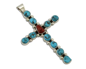 Zuni Handmade Cross Necklace 925 Silver Coral & Turquiose Artist Signed JWJ C80s - Picture 1 of 8
