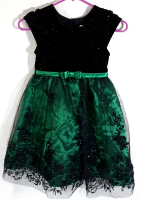 JONA MICHELLE 小女孩 绿色和黑色 闪亮 蕾丝 美丽 假日 连衣裙 尺寸 5 — 第 1/4 张图片