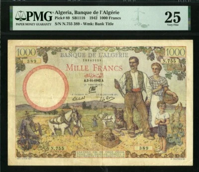Algeria 1942 1000 Francs, P89, PMG 25 VF ( Pinholes ) - Image 1 of 2