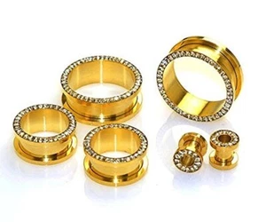 24k Gold Plated Screw-on Plugs/Gauges/Tunnels with Clear CZ 2 Pieces (A/5/3/10) - Picture 1 of 6