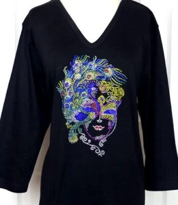 PLUS Size 1X 2X or 3X Rhinestone Embellished Peacock Mardi Gras Face Mask Top - Picture 1 of 7