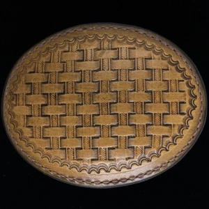 Basket Weave Handmade Leather Cowboy Western Gift New NOS Vintage Belt Buckle - Picture 1 of 2