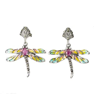 925 Pendientes de Plata de Ley Rubí Marcasita Gema Natural Libélula Joyería - Imagen 1 de 13