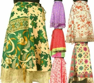 3 piezas de faldas reversibles de doble capa de vestido envolvente mágico sari de seda vintage indio - Imagen 1 de 6