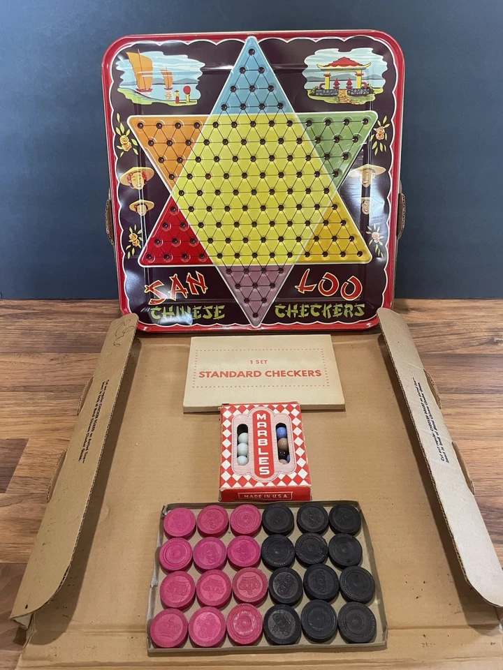 Vintage SAN LOO Chinese Checkers Game Board Tin Northwestern Products Missouri - Image 1 of 4