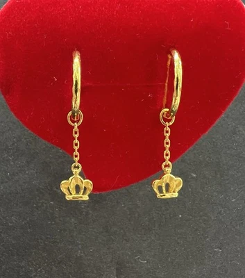 24K Yellow Gold Hoop Diamond Cut Earrings With Crown Charm Dangle - Image 1 of 4