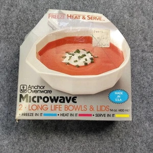 NOS VTG Anchor Ovenware Freeze Heat Serve Microwave 14oz Bowls & Lids 2 Pack - Picture 1 of 5