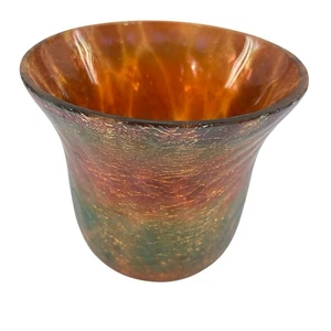 Tazza vaso vetro arte crepitante iridescente vintage arancione oro verde soffiato a mano - Foto 1 di 7