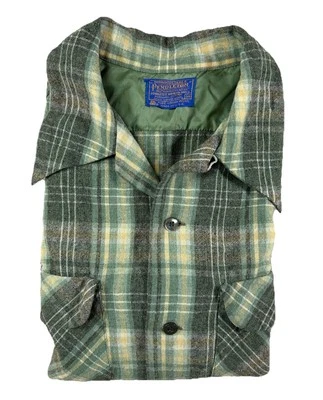Camisa de Tablero Pendleton Para Hombres Mediana Lana a Cuadros Verde Amarillo Años 60 70 De Colección Foto 1 de 4