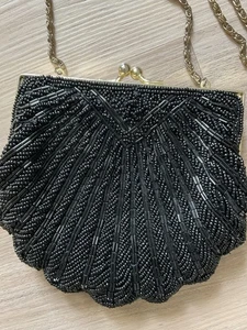 VTG Classic La Regale Black Beaded Cocktails Evening Shoulder Bag 90s Y2K Chain - Picture 1 of 5